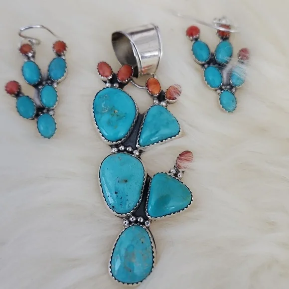 NWT Native American Navajo Turquoise Cactus Dangle Earrings 🩵🌵🧡 - Picture 9 of 12